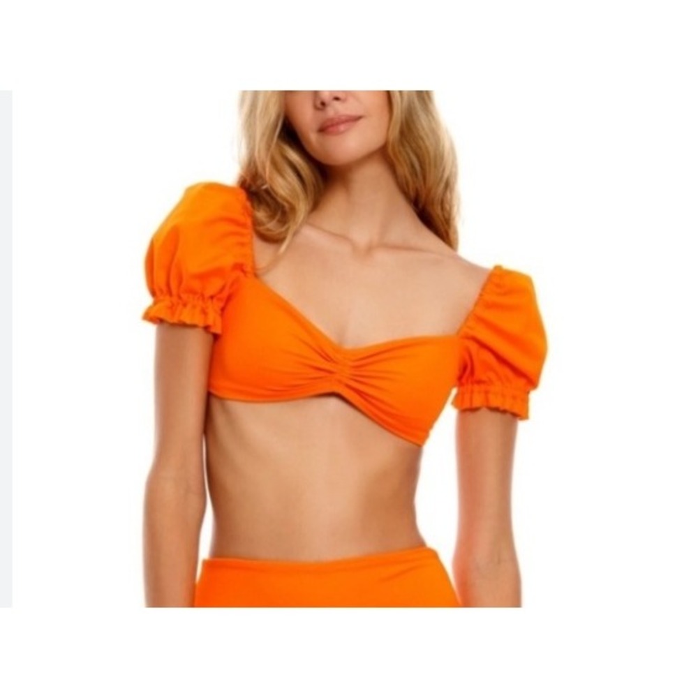 Agua Bendita Romina Blare Orange Puff Sleeve Bikini Top Womens Size Small